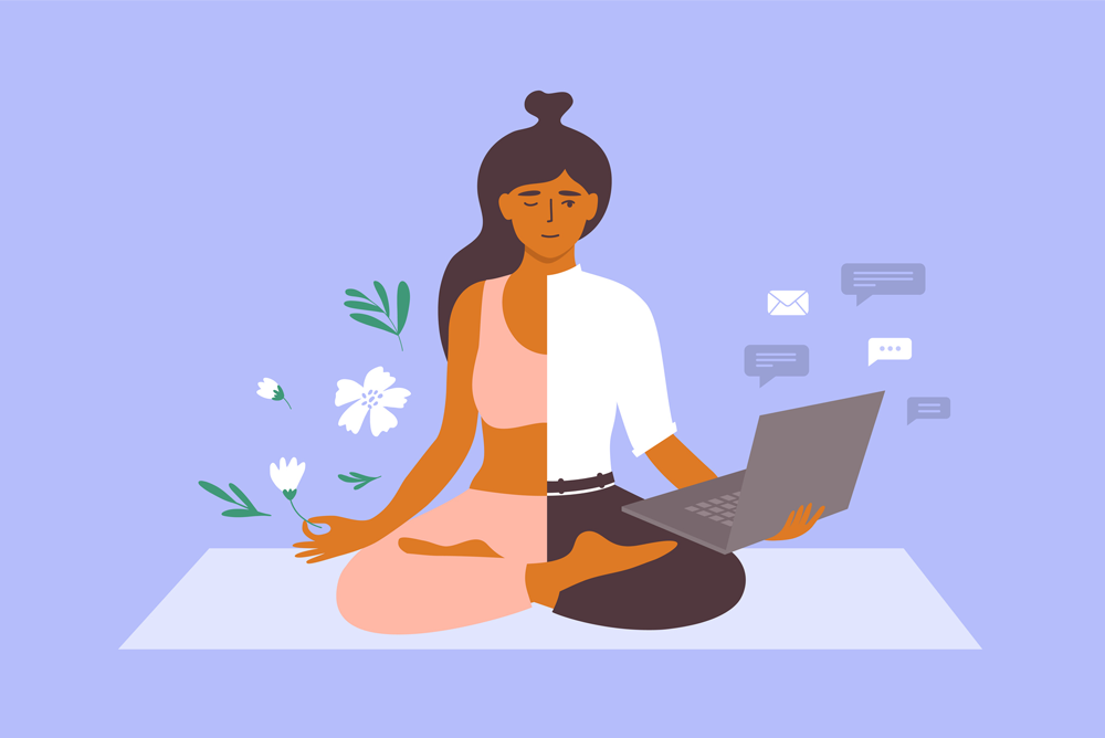 Business woman meditating on yoga mat holds laptop and flower in hand